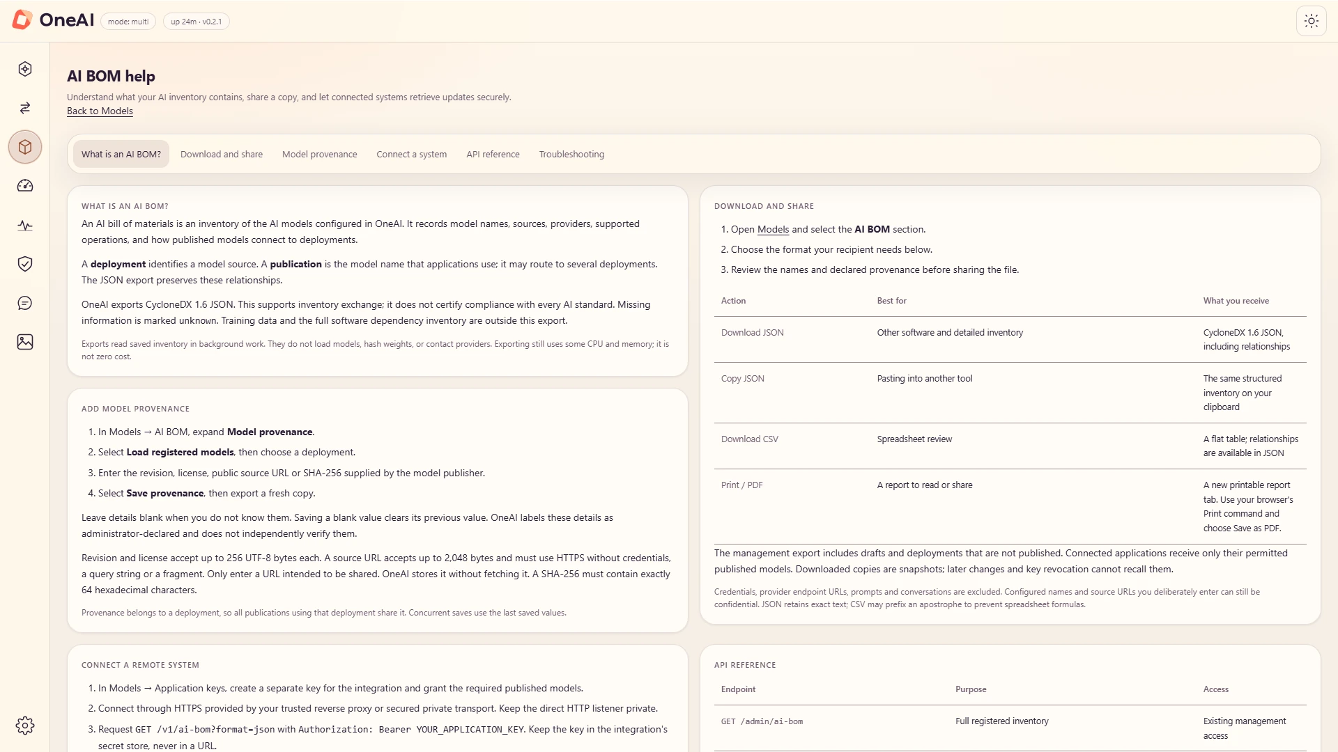 AI BOM help page: download and share options for CycloneDX 1.6 JSON, copied JSON, CSV and a printable report.