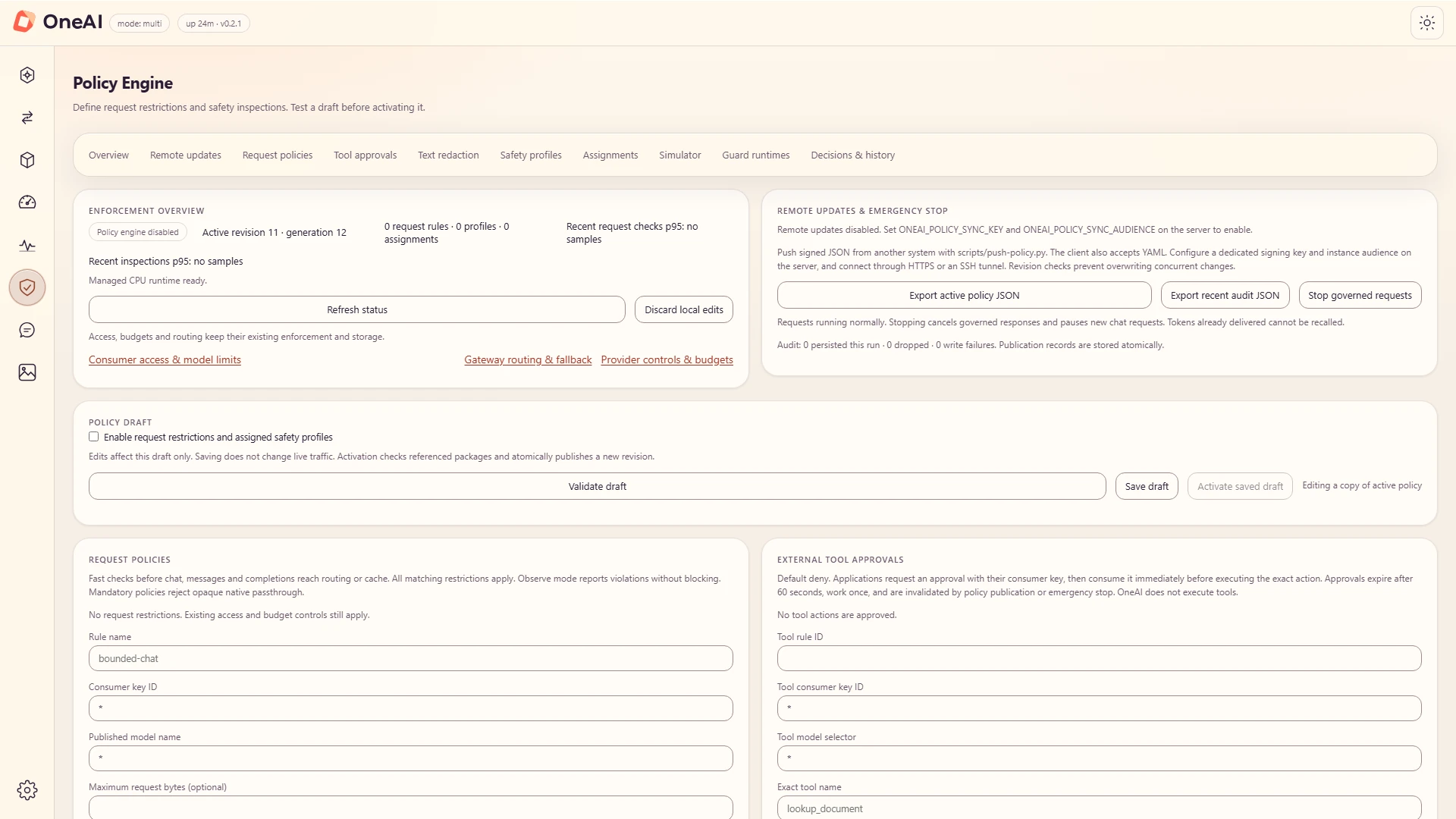 Remote updates and emergency stop card in the Policy Engine, with Export active policy JSON, Export recent audit JSON and Stop governed requests buttons.