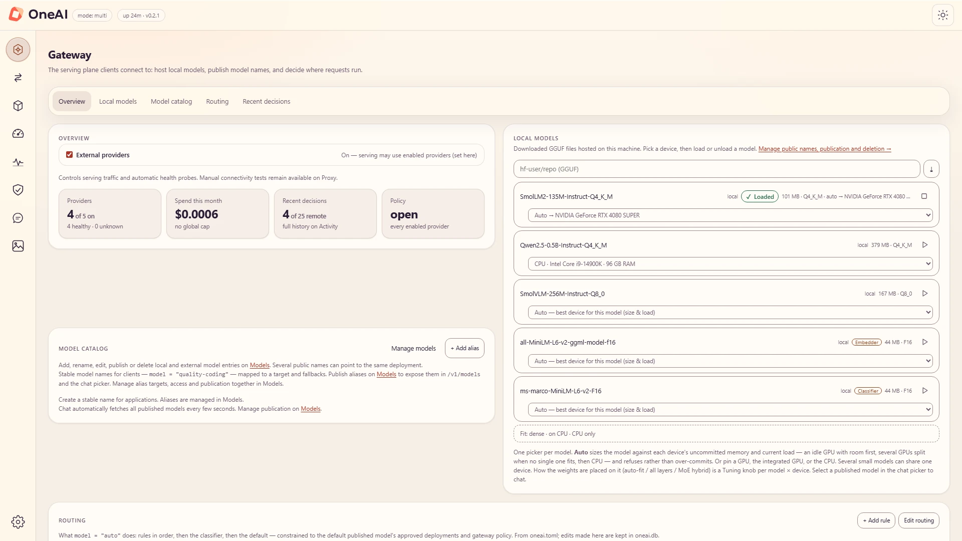 Local models list on the Gateway page: loaded status, size, quantization and a device picker showing Auto placed on an NVIDIA GeForce RTX 4080 SUPER.